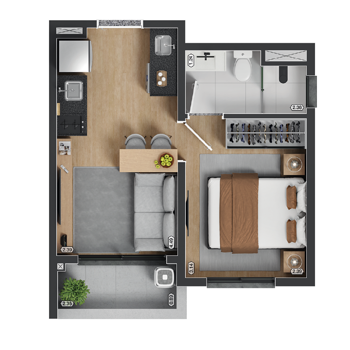Planta 1 dormitório 27,49m²
