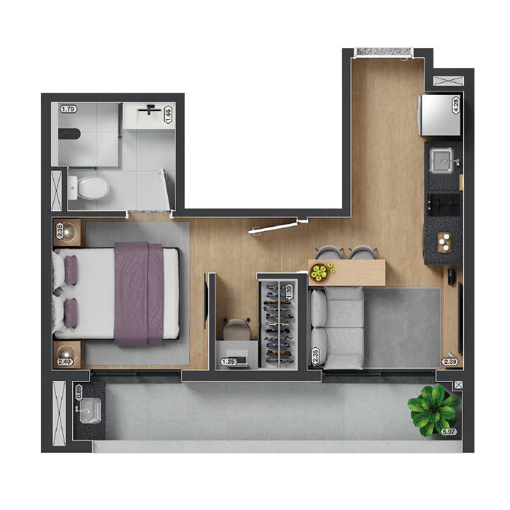 Planta 1 dormitório 32,18m²