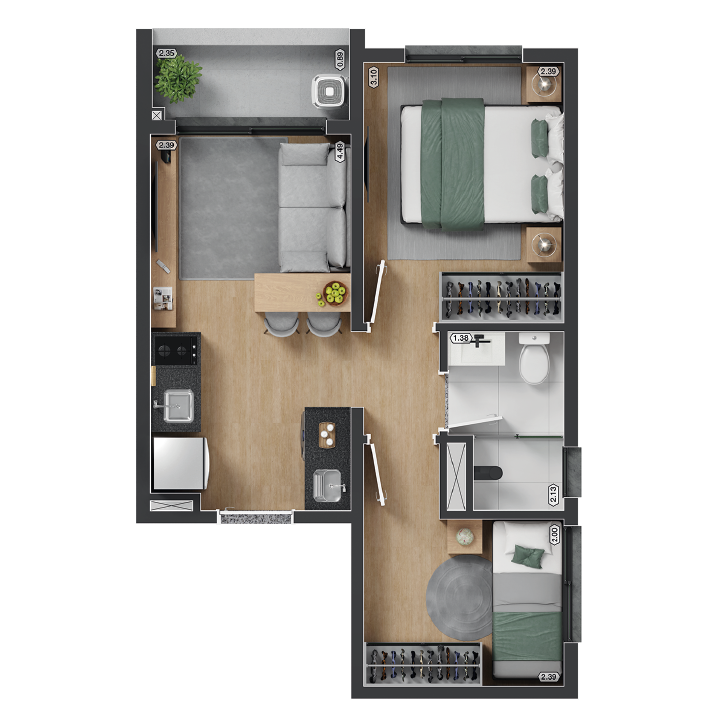 Planta 2 dormitórios 35m²