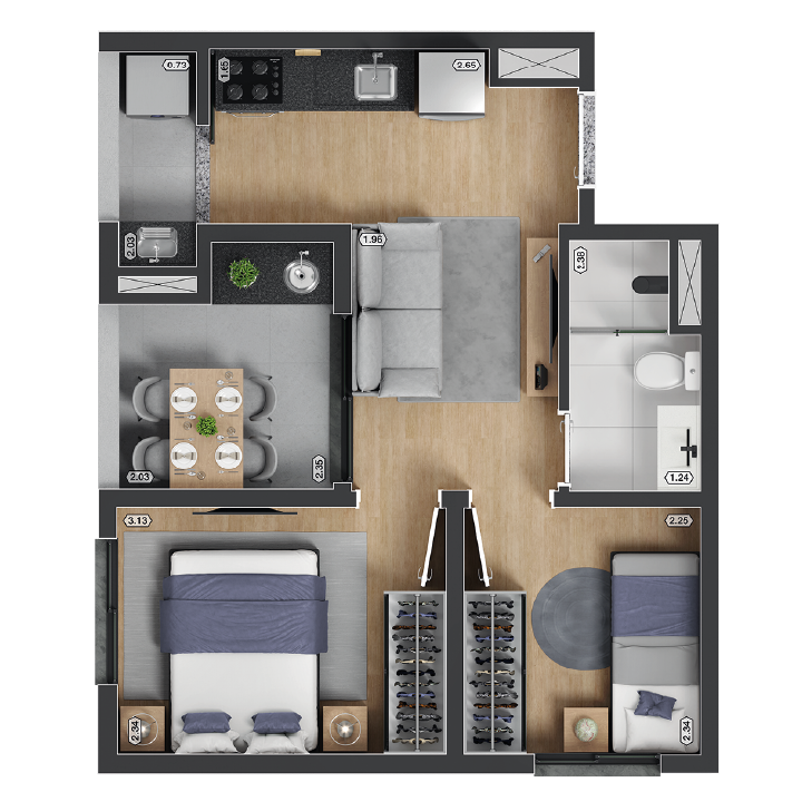 Planta 2 dormitórios 38,03m²